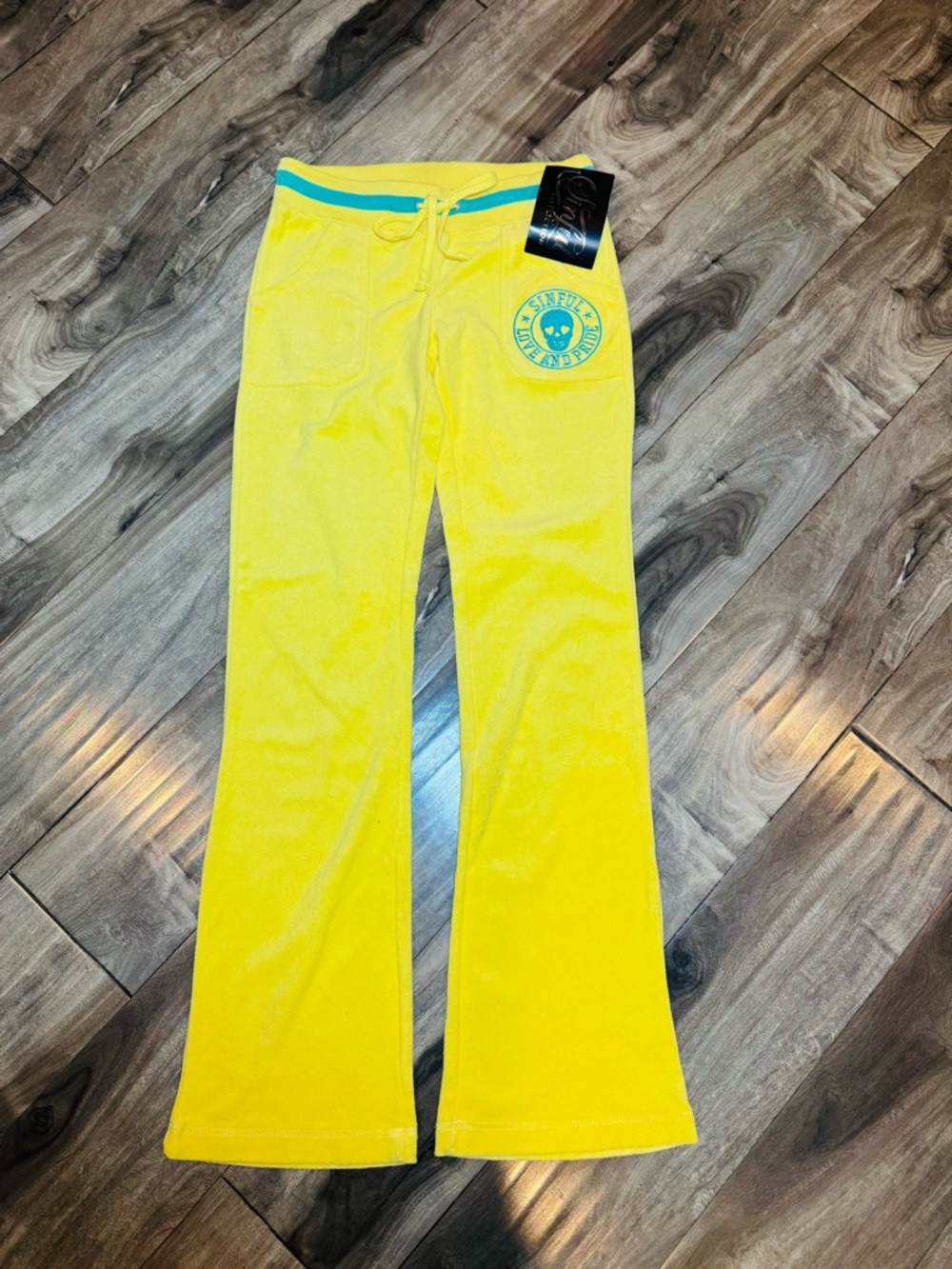Sinful by Affection love with pride Yellow Terry Pocket Top with Teal Skull NWT